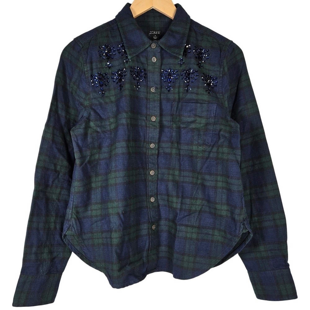 J Crew Womens Plaid Flannel Shirt Blue Green Beaded Embellished Button Down 10